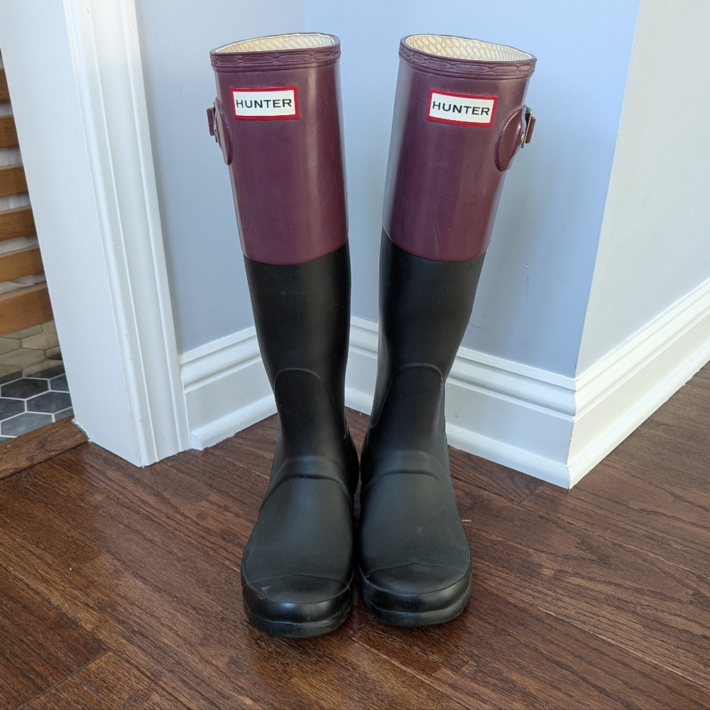 Hunter Women's Black Purple Colorblock Tall Classic Rain Boots Size 7